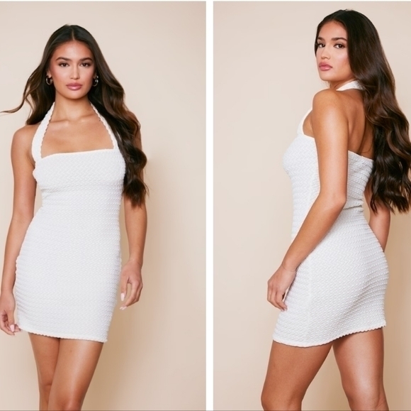 PrettyLittleThing Dresses & Skirts - PrettyLittleThing Cream Textured Halter Bodycon Mini Dress Sz 4